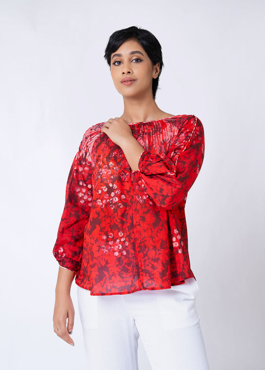 Batik Puff Sleeve Round Neck Top