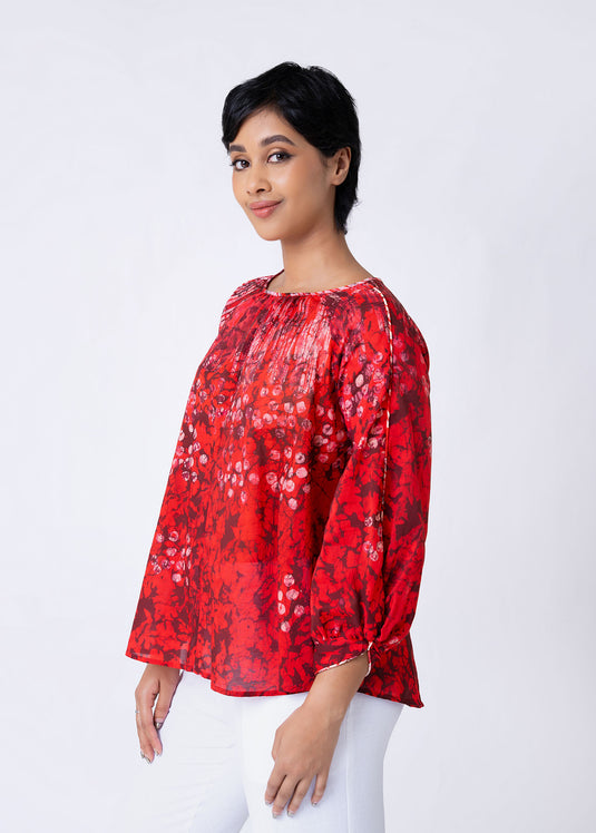 Batik Puff Sleeve Round Neck Top