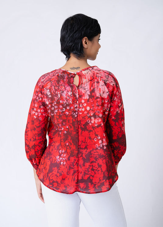 Batik Puff Sleeve Round Neck Top