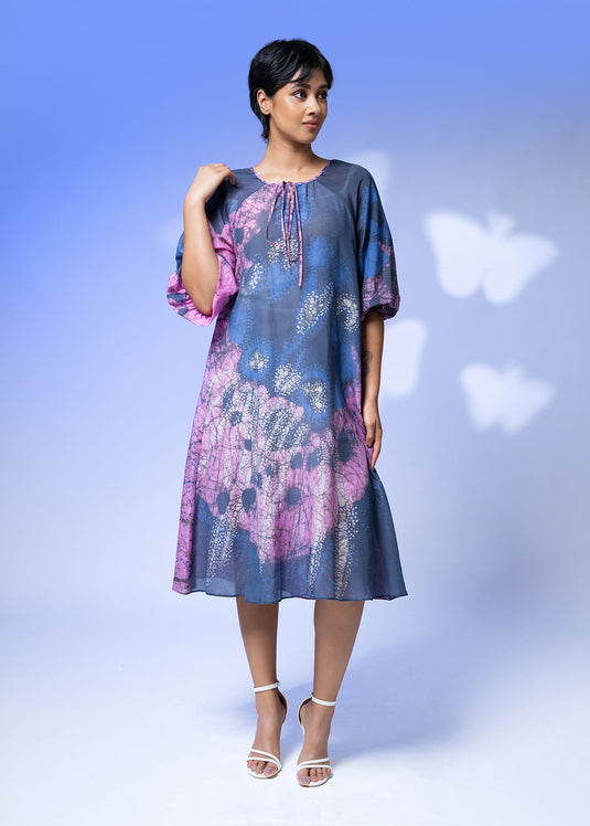 Batik Puff Sleeve Front Key Hole Detailed Dress