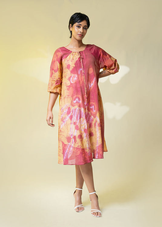 Batik Puff Sleeve Front Key Hole Detailed Dress