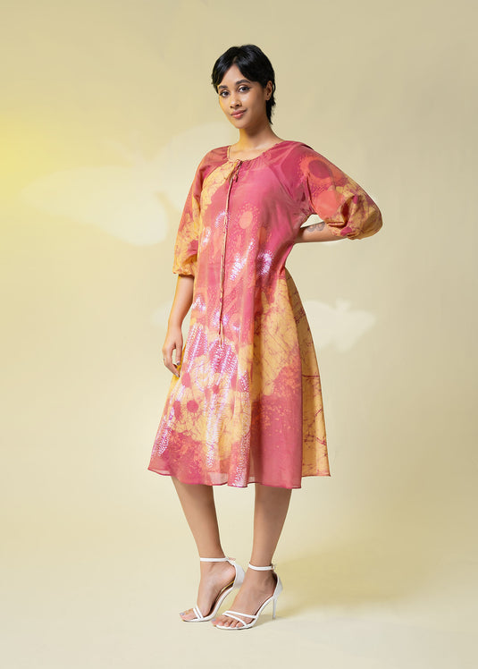 Batik Puff Sleeve Front Key Hole Detailed Dress