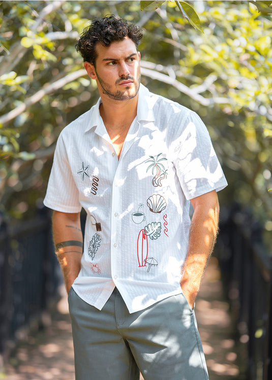 Tropical Cuban Collar Embroidery Shirt