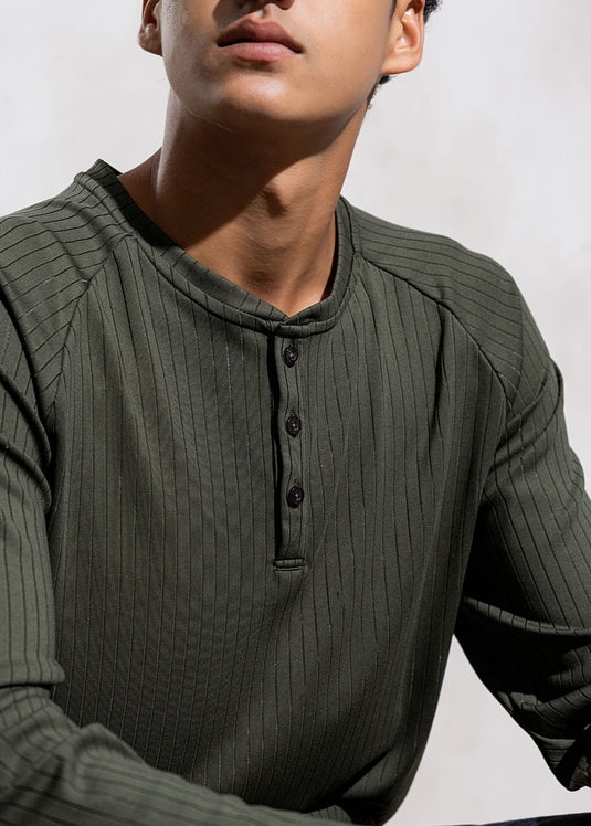 Textured Half Placket L/S T-Shirt