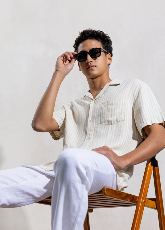 Linen Stripe Cuban Collar S/S Shirt