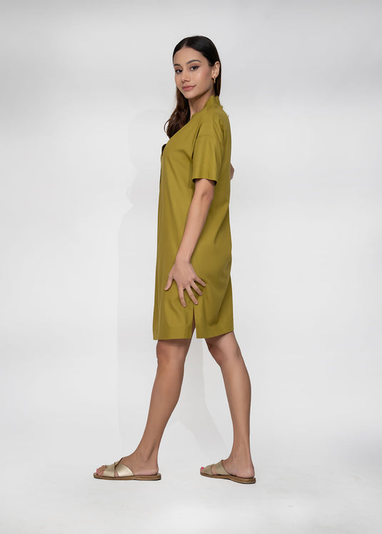 V Neck Shift Dress With Front Pleat