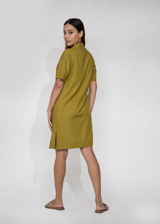 V Neck Shift Dress With Front Pleat