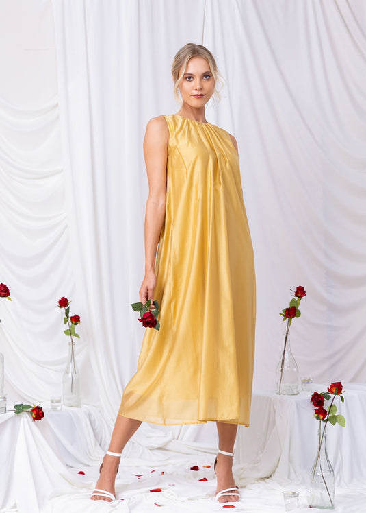 Sleeveless Round Neck Midi Dress With Shirring Detail