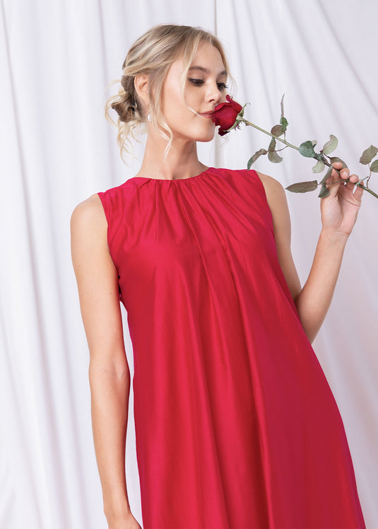 Sleeveless Round Neck Midi Dress With Shirring Detail