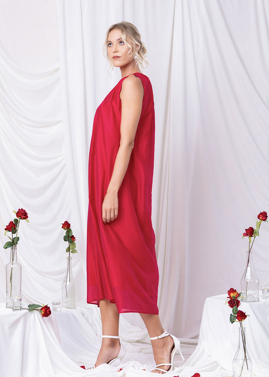 Sleeveless Round Neck Midi Dress With Shirring Detail