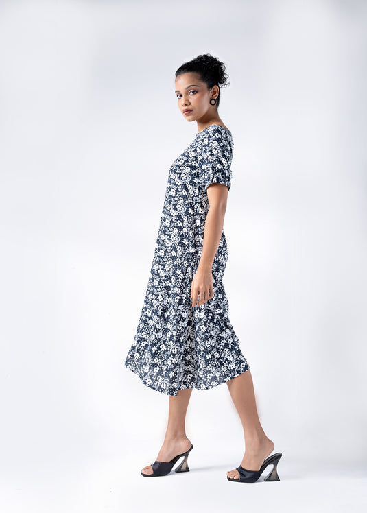 Printed Dress With Elasticated Sleeves