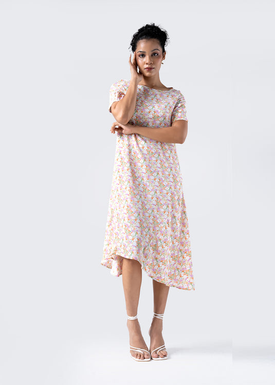 Printed Dress With Elasticated Sleeves