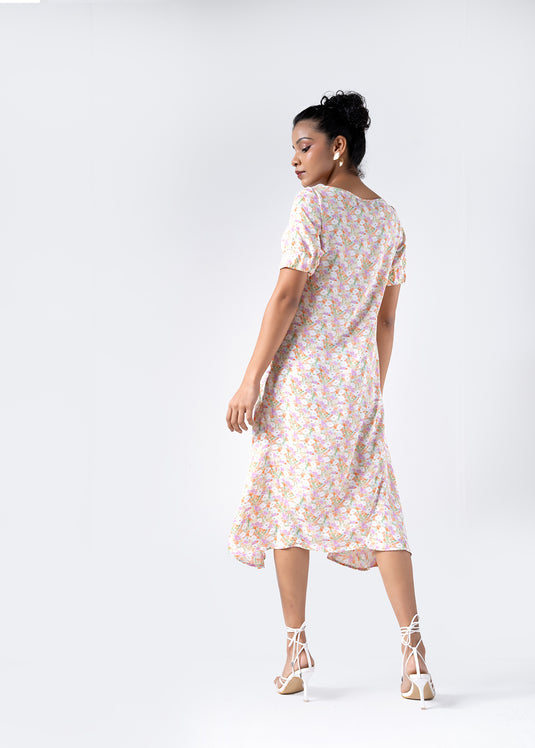 Printed Dress With Elasticated Sleeves