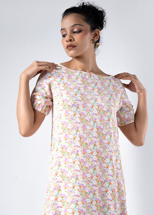 Printed Dress With Elasticated Sleeves