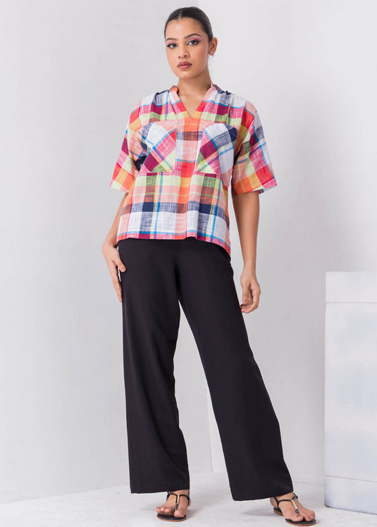 Check Blouse With Large Front Pockets