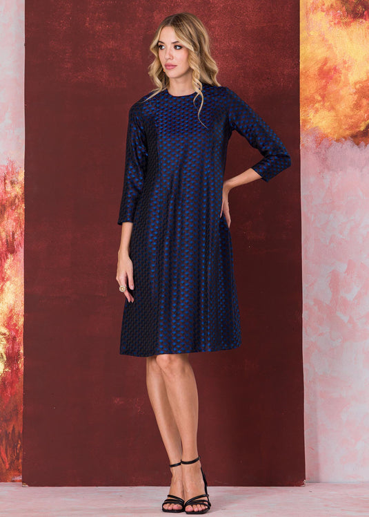 Three quarter sleeve brocade dress with round neck