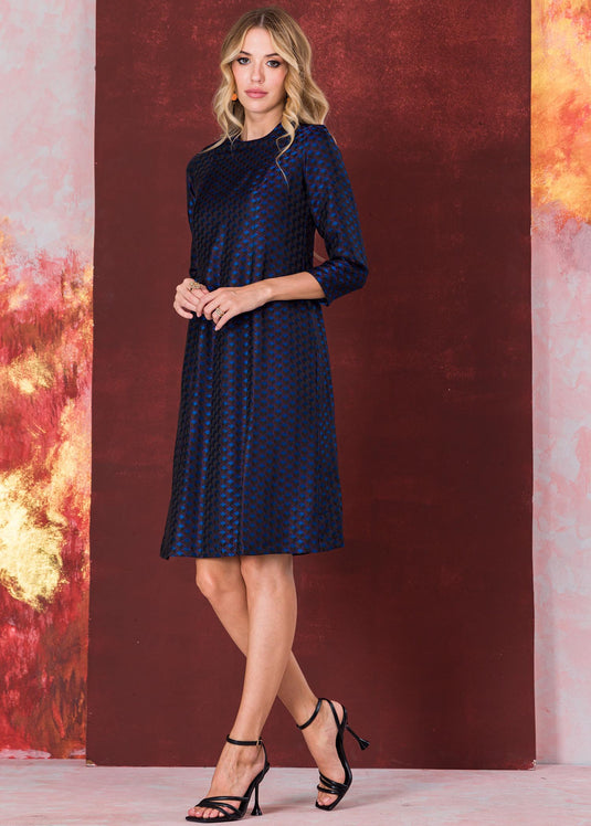 Three quarter sleeve brocade dress with round neck