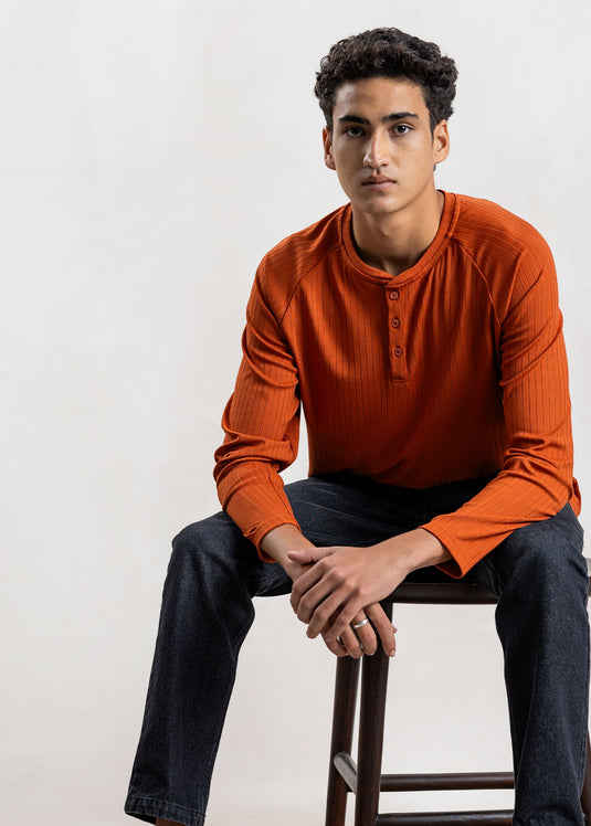 Textured Half Placket L/S T-Shirt