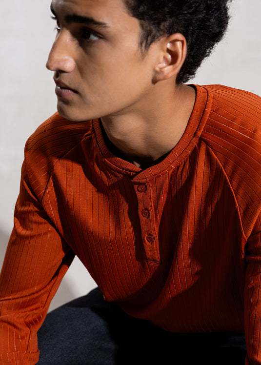 Textured Half Placket L/S T-Shirt