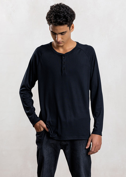 Textured Half Placket L/S T-Shirt