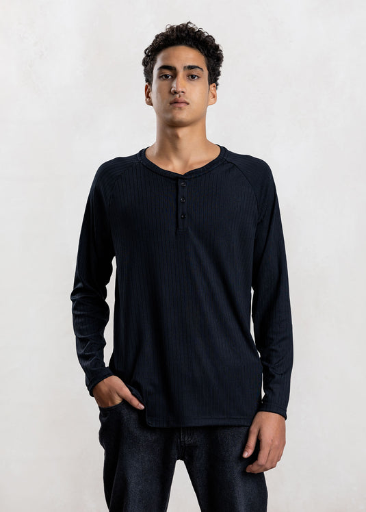 Textured Half Placket L/S T-Shirt