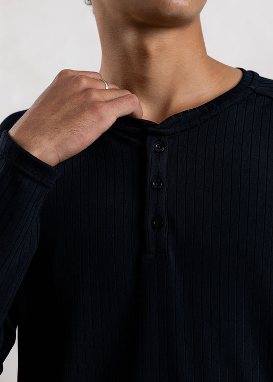 Textured Half Placket L/S T-Shirt