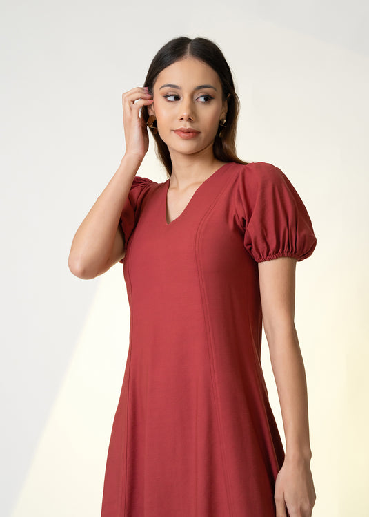 Puff Sleeve V Neck Midi Dress