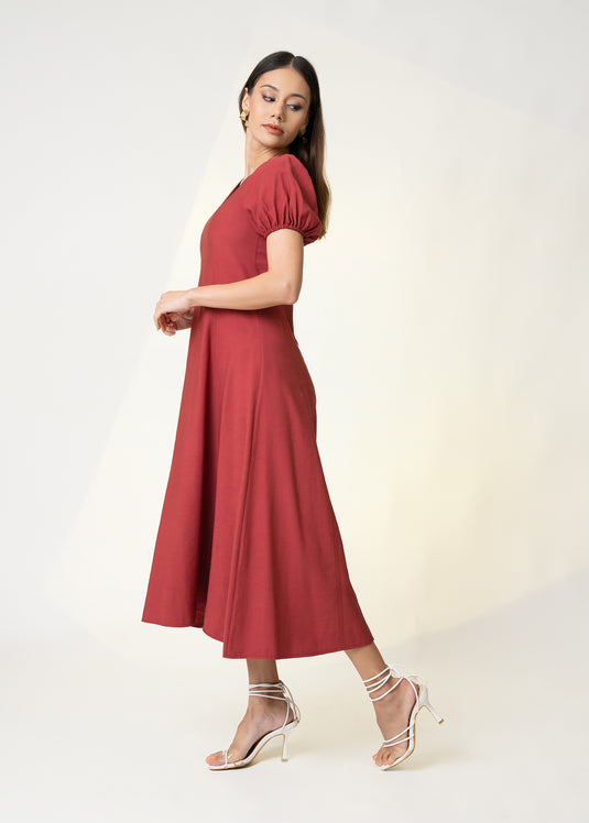 Puff Sleeve V Neck Midi Dress