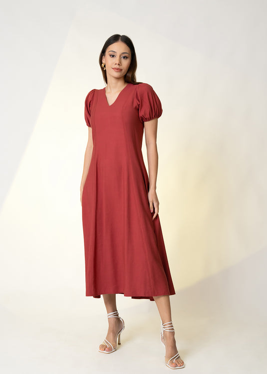 Puff Sleeve V Neck Midi Dress