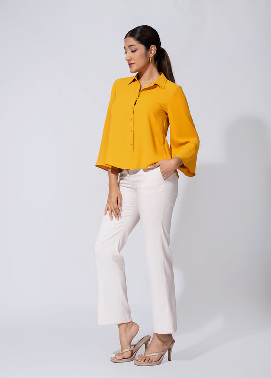 Crop Length Blouse With Bell Sleeve