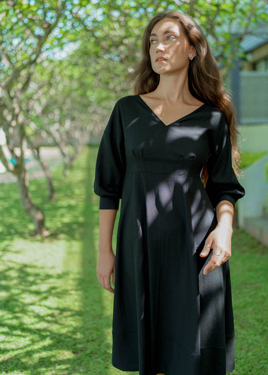 Wide V Neck Dress With Pockets