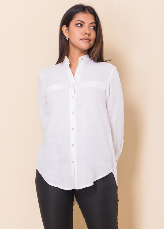 Long sleeve linen shirt with welt pockets