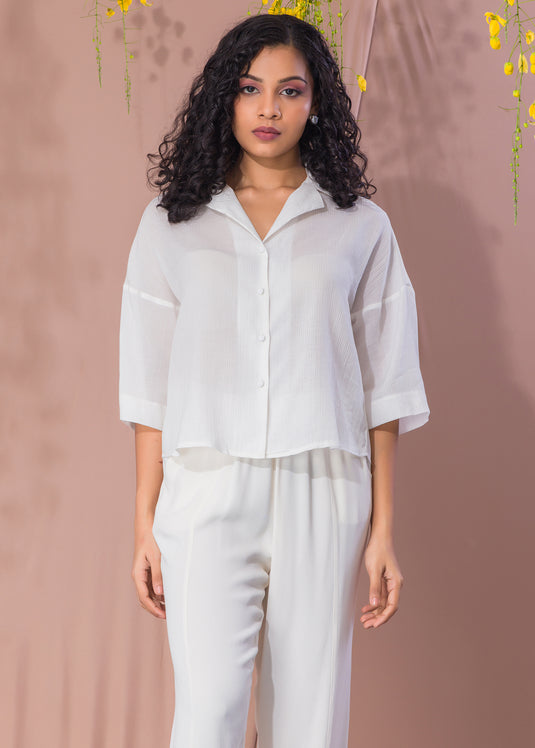 White Drop Shoulder Blouse With Cuban Collar