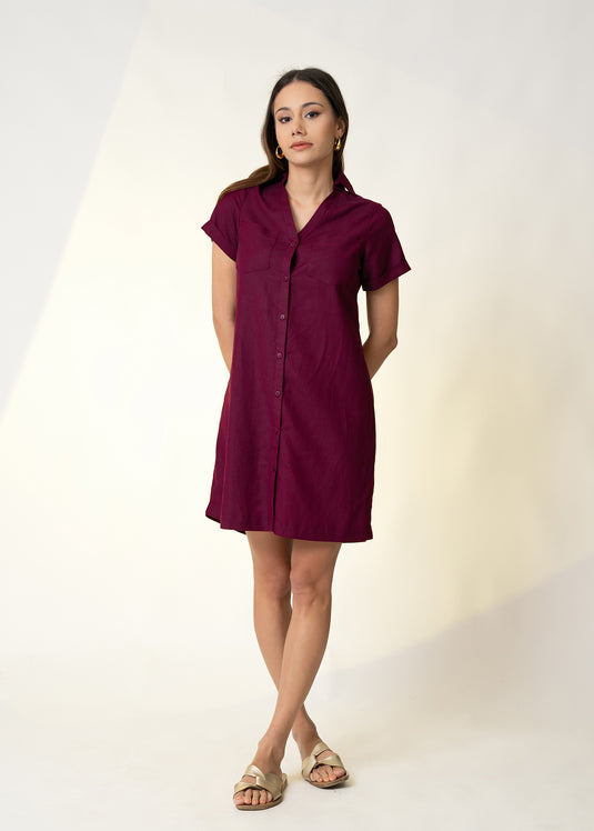 Double Pocket Shirt Dress With Collar