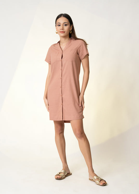 Double Pocket Shirt Dress With Collar