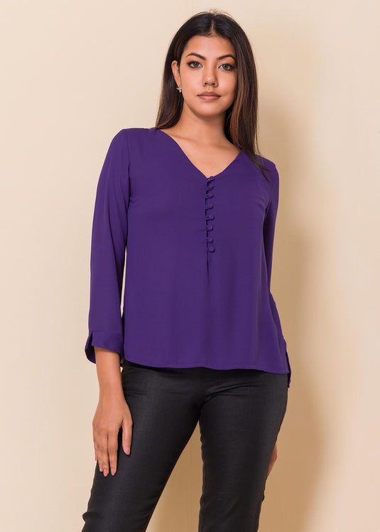 V neck blouse with covered buttons