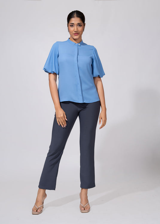 High Neck Blouse With Bubble Hem Sleeve