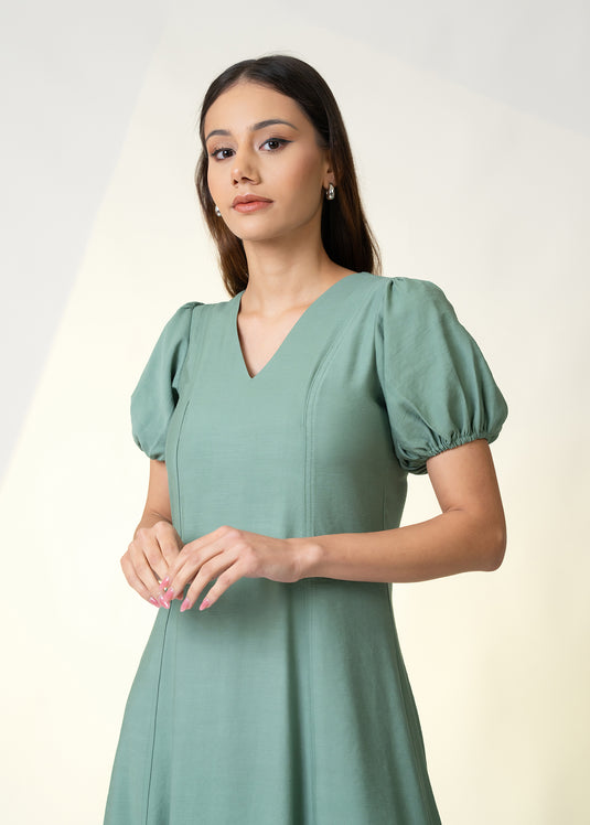 Puff Sleeve V Neck Midi Dress