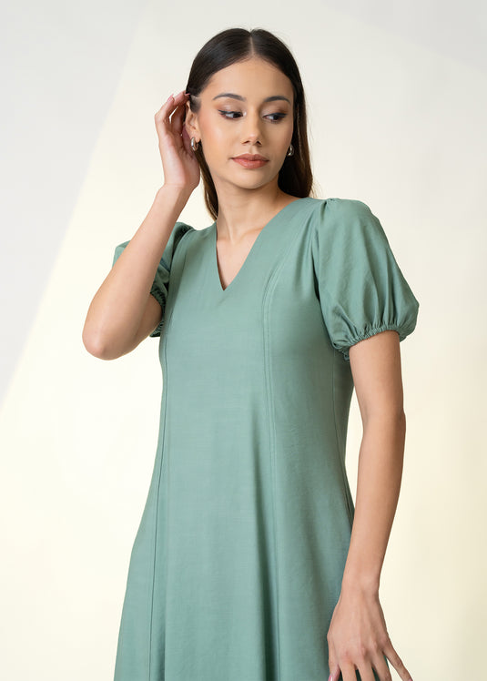 Puff Sleeve V Neck Midi Dress