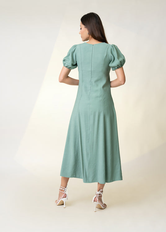 Puff Sleeve V Neck Midi Dress