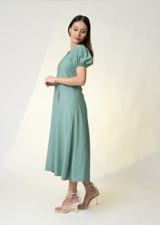 Puff Sleeve V Neck Midi Dress