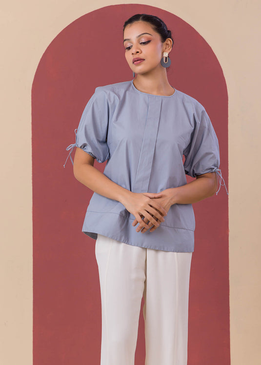 Puff Sleeve Blouse With Front Pleat