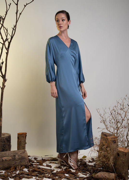 V Neck Long Sleeve Maxi Dress With Front Slit