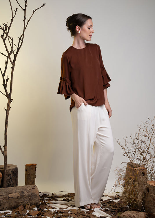 Flounce Sleeve Round Neck Blouse