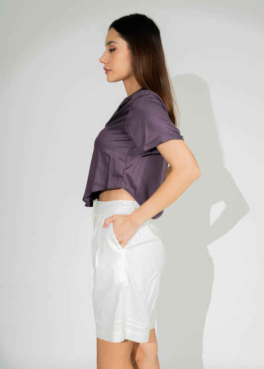 Cuban collar crop top with short sleeves