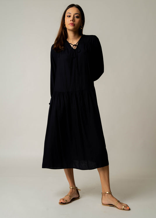 Drop waist long sleeve dress with front tie