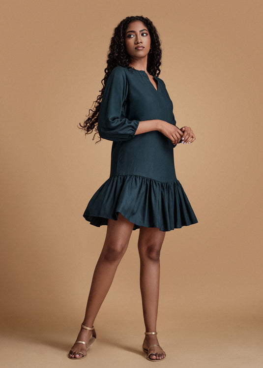 Flounce Panel Dress With Three Quarter Sleeve