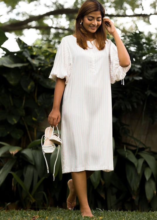 Draped Sleeve Detailed Pin Stripe Dress