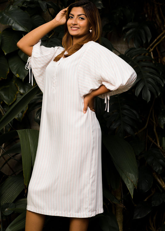 Draped Sleeve Detailed Pin Stripe Dress