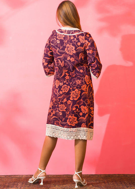 Cotton Lace Trimmed Floral Printed Dress